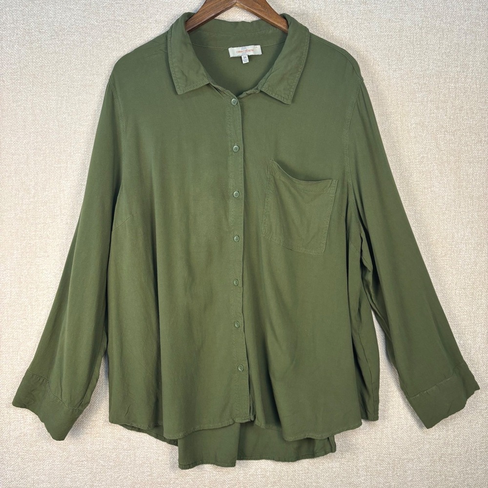 Casa Cabana Olive Green Roll Tab Sleeve Button Down Shirt Womens 3X Plus Size